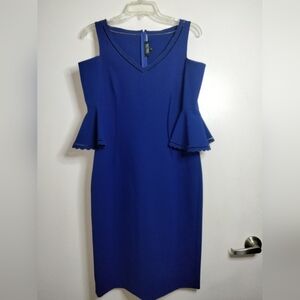 Teri Jon (Size 8) Blue V-Neck Lace Accent Cutout Shoulder Ruffle Sleeve Dress